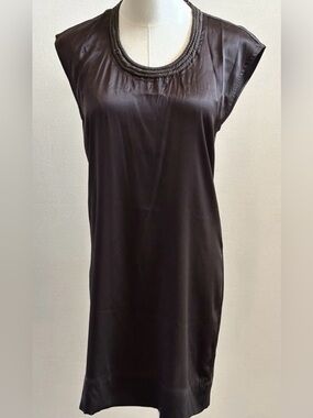 Theory Silk Satin Shift Dress Taupe Brown Chain Neck Sleeveless Size 6